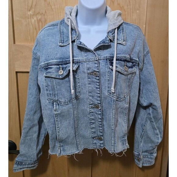 Cropped Oversized Denim Jacket With Gray Hoodie & Frayed Hem Womens Size XXS - Picture 2 of 13